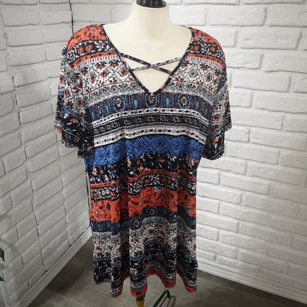 Claire France Ladies Size 3X Orange Blue Black & White Flutter Sleeves Top